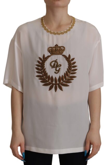 Dolce & Gabbana - Elegant Silk Blouse with Gold Crown Embroidery