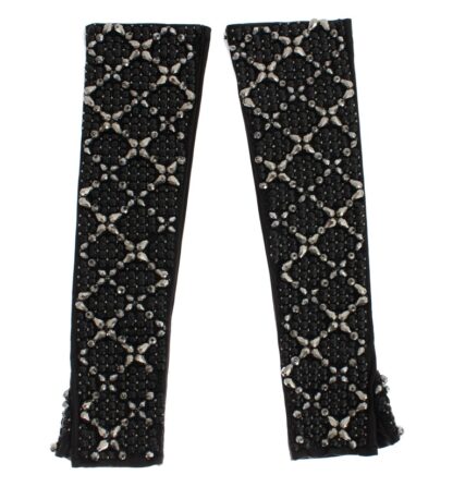 Dolce & Gabbana - Elegant Black Crystal Beaded Leather Gloves