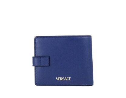 Versace - Navy Blue Compact Smooth Leather Gold Toned Medusa Snap Bifold Wallet