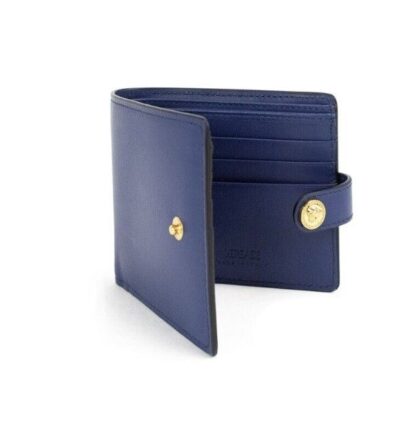 Versace - Navy Blue Compact Smooth Leather Gold Toned Medusa Snap Bifold Wallet