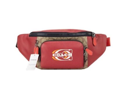 COACH - Track Colorblock Khaki Coated Canvas Red Leather Stamp Belt Bag