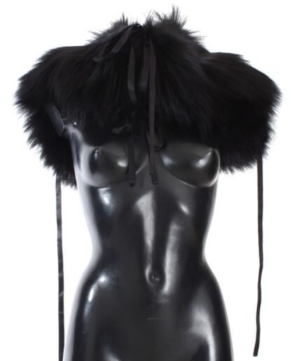 Dolce & Gabbana - Elegant Black Fox Fur Silk Shoulder Wrap