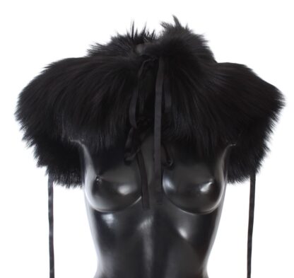 Dolce & Gabbana - Elegant Black Fox Fur Silk Shoulder Wrap