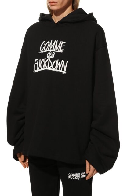 Comme Des Fuckdown - Black Cotton Hooded Sweatshirt with Bold Prints