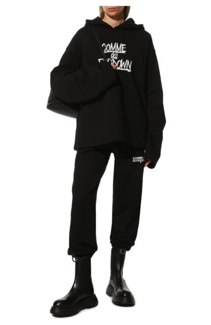 Comme Des Fuckdown - Black Cotton Hooded Sweatshirt with Bold Prints