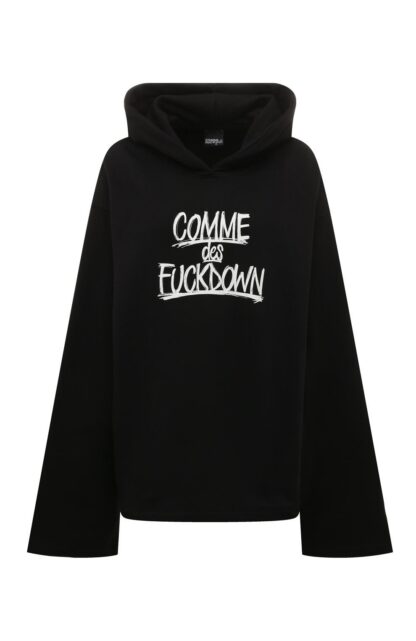 Comme Des Fuckdown - Black Cotton Hooded Sweatshirt with Bold Prints