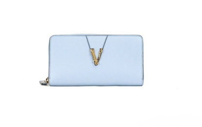 Versace - Large Cornflower Grainy Leather Gold Monogram Zip Around Clutch Wallet