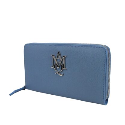 Alexander McQueen - Alexander McQueen Women's Gold Logo Blue Leather Zip Around Wallet