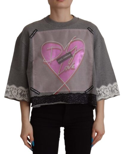 Dolce & Gabbana - Chic Grey Cotton Heart Tee with Bell Sleeves