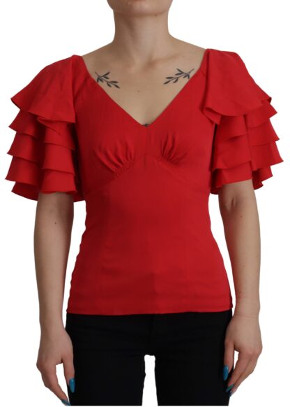 Dolce & Gabbana - Elegant Red Silk V-Neck Ruffle Blouse