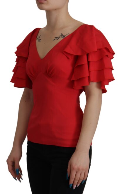 Dolce & Gabbana - Elegant Red Silk V-Neck Ruffle Blouse