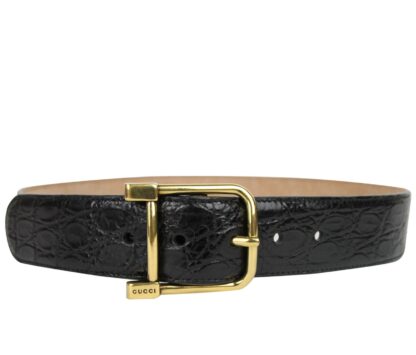 Gucci - Gucci Women's Gold Square Buckle Black Crocodile Belt