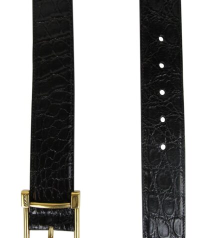 Gucci - Gucci Women's Gold Square Buckle Black Crocodile Belt