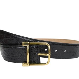 Gucci - Gucci Women's Gold Square Buckle Black Crocodile Belt