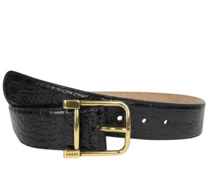 Gucci - Gucci Women's Gold Square Buckle Black Crocodile Belt