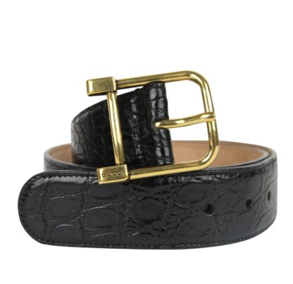 Gucci - Gucci Women's Gold Square Buckle Black Crocodile Belt