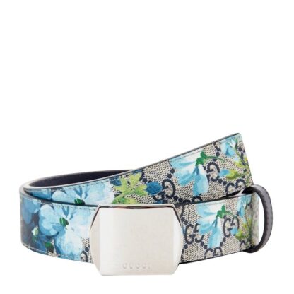 Gucci - Gucci Unisex Silver Buckle Blue GG Supreme Coated Canvas Belt