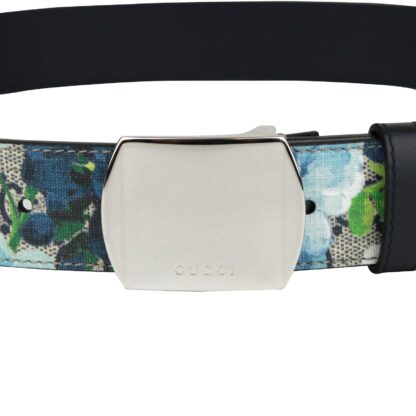 Gucci - Gucci Unisex Silver Buckle Blue GG Supreme Coated Canvas Belt