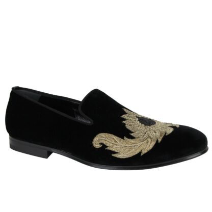 Alexander McQueen - Alexander McQueen Men's Gold Embroidered Detail Black Velvet Slip On Shoes