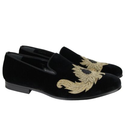 Alexander McQueen - Alexander McQueen Men's Gold Embroidered Detail Black Velvet Slip On Shoes