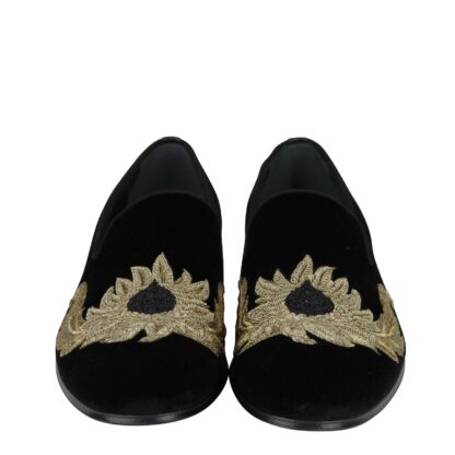 Alexander McQueen - Alexander McQueen Men's Gold Embroidered Detail Black Velvet Slip On Shoes