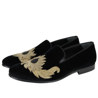 Alexander McQueen - Alexander McQueen Men's Gold Embroidered Detail Black Velvet Slip On Shoes