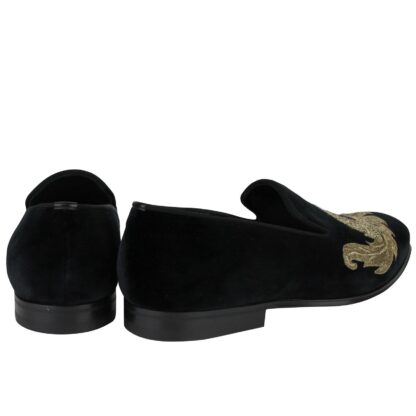 Alexander McQueen - Alexander McQueen Men's Gold Embroidered Detail Black Velvet Slip On Shoes