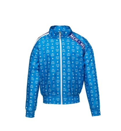 MCM - Women's Blue Nylon Bomber Jacket White Logo Print