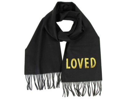 Gucci - Black Silk Cashmere Long Scarf Yellow Sequin "LOVED"