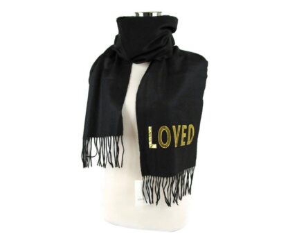 Gucci - Black Silk Cashmere Long Scarf Yellow Sequin "LOVED"