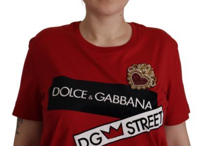 Dolce & Gabbana - Red Cotton Round Neck Tee with Crown Print