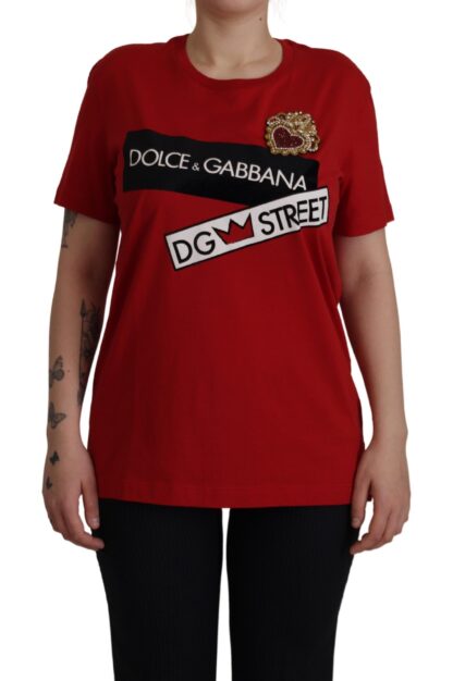 Dolce & Gabbana - Red Cotton Round Neck Tee with Crown Print