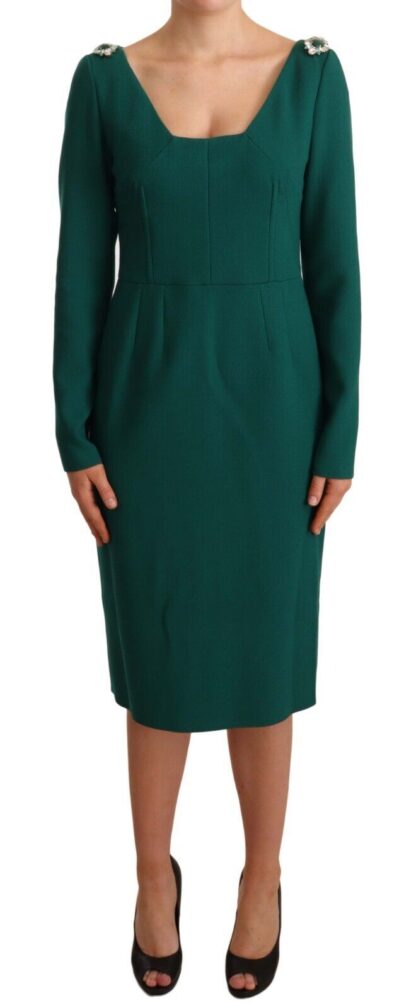 Dolce & Gabbana - Emerald Green Midi Sheath Dress with Crystal Brooch