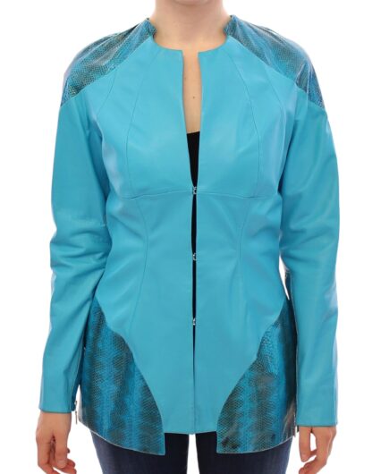 Vladimiro Gioia - Exquisite Blue Leather Jacket with Snake Print Detail