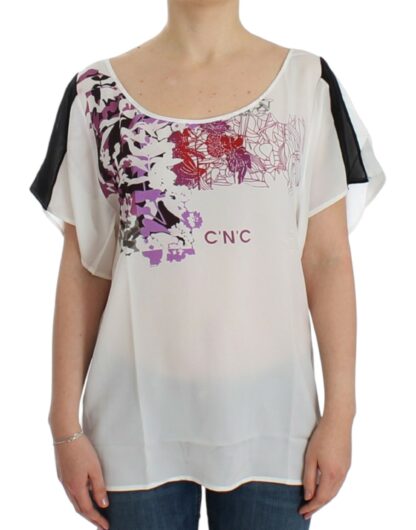 Costume National - Chic White V-Neck Motive Print Tee