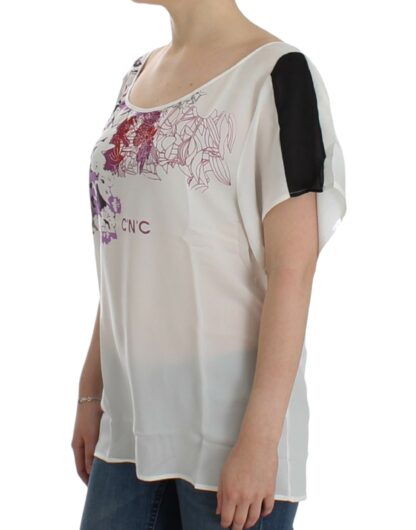 Costume National - Chic White V-Neck Motive Print Tee