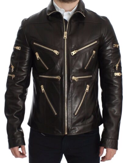 Dolce & Gabbana - Elegant Brown Gold-Detailed Leather Jacket