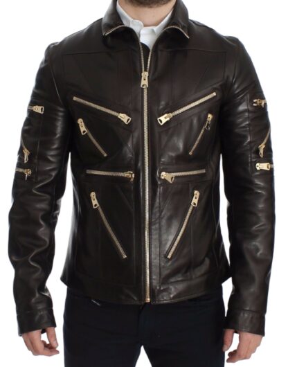 Dolce & Gabbana - Elegant Brown Gold-Detailed Leather Jacket