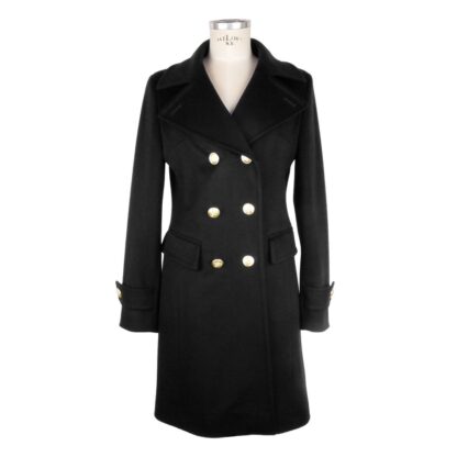 Made in Italy - Elegant Black Woolen Coat with Gold Buttons