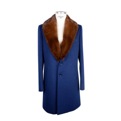 Made in Italy - Blue Wool Men Jacket with Removable Mink Fur Collar