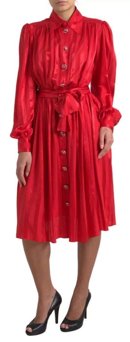 Dolce & Gabbana - Elegant Red Silk Midi Dress with Button Detail