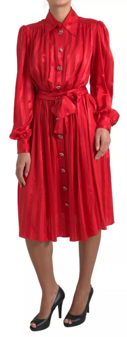 Dolce & Gabbana - Elegant Red Silk Midi Dress with Button Detail