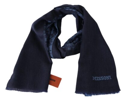 Missoni - Navy Wool Knit Unisex Neck Wrap Fringe Shawl Men's Scarf