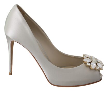 Dolce & Gabbana - Elegant White Silk Crystal Peep Toe Heels