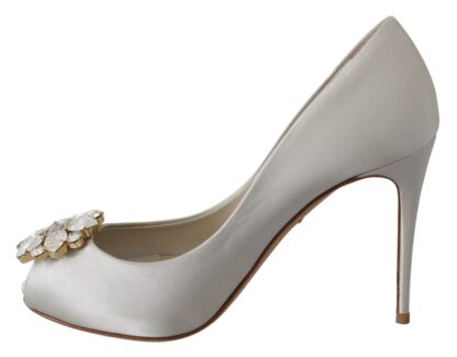 Dolce & Gabbana - Elegant White Silk Crystal Peep Toe Heels