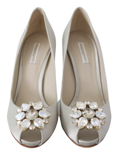 Dolce & Gabbana - Elegant White Silk Crystal Peep Toe Heels