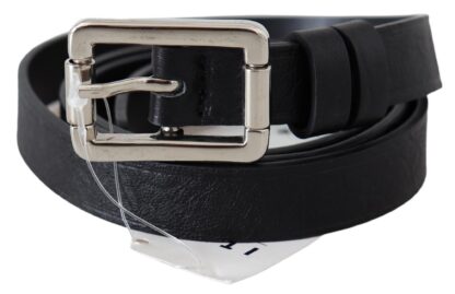 Costume National - Elegant Black Leather Waist Belt with Silver-Tone Buckle