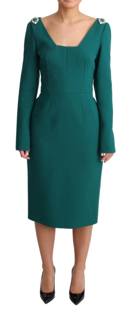 Dolce & Gabbana - Emerald Wool Crepe Midi Dress With Crystal Brooches