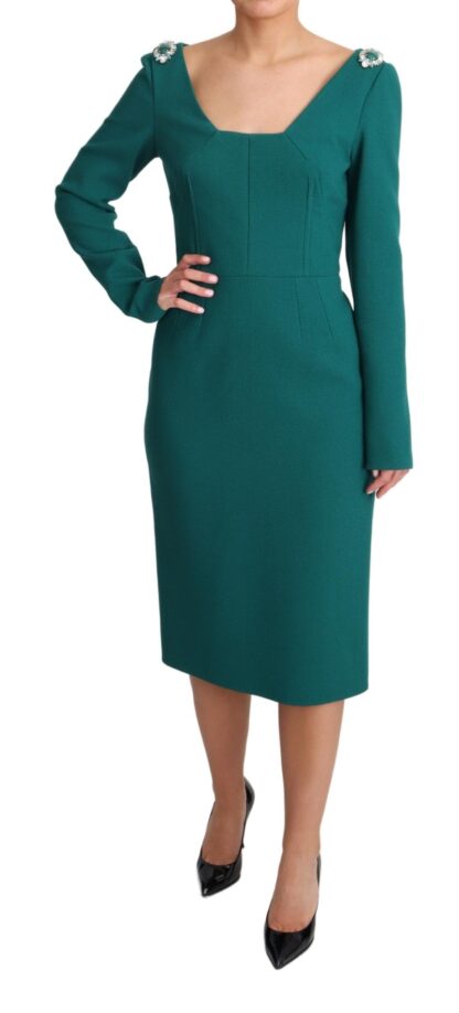 Dolce & Gabbana - Emerald Wool Crepe Midi Dress With Crystal Brooches