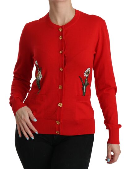 Dolce & Gabbana - Red Wool Crystal Floral Cardigan Sweater